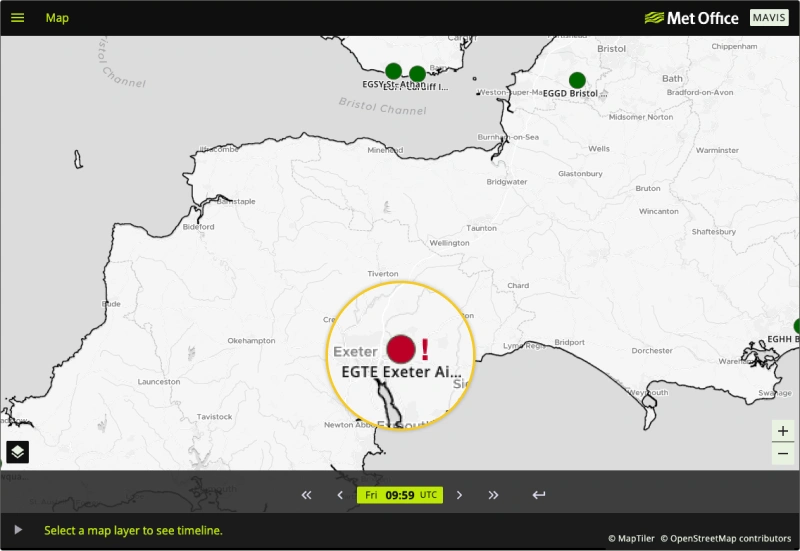 Exeter Airport with a red threshold and an active weather warning